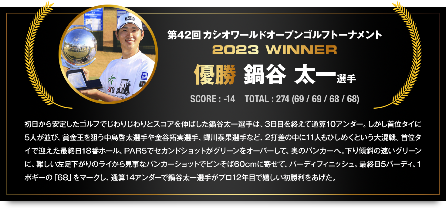 第42回　カシオワールドオープンゴルフトーナメント　優勝　鍋谷 太一選手